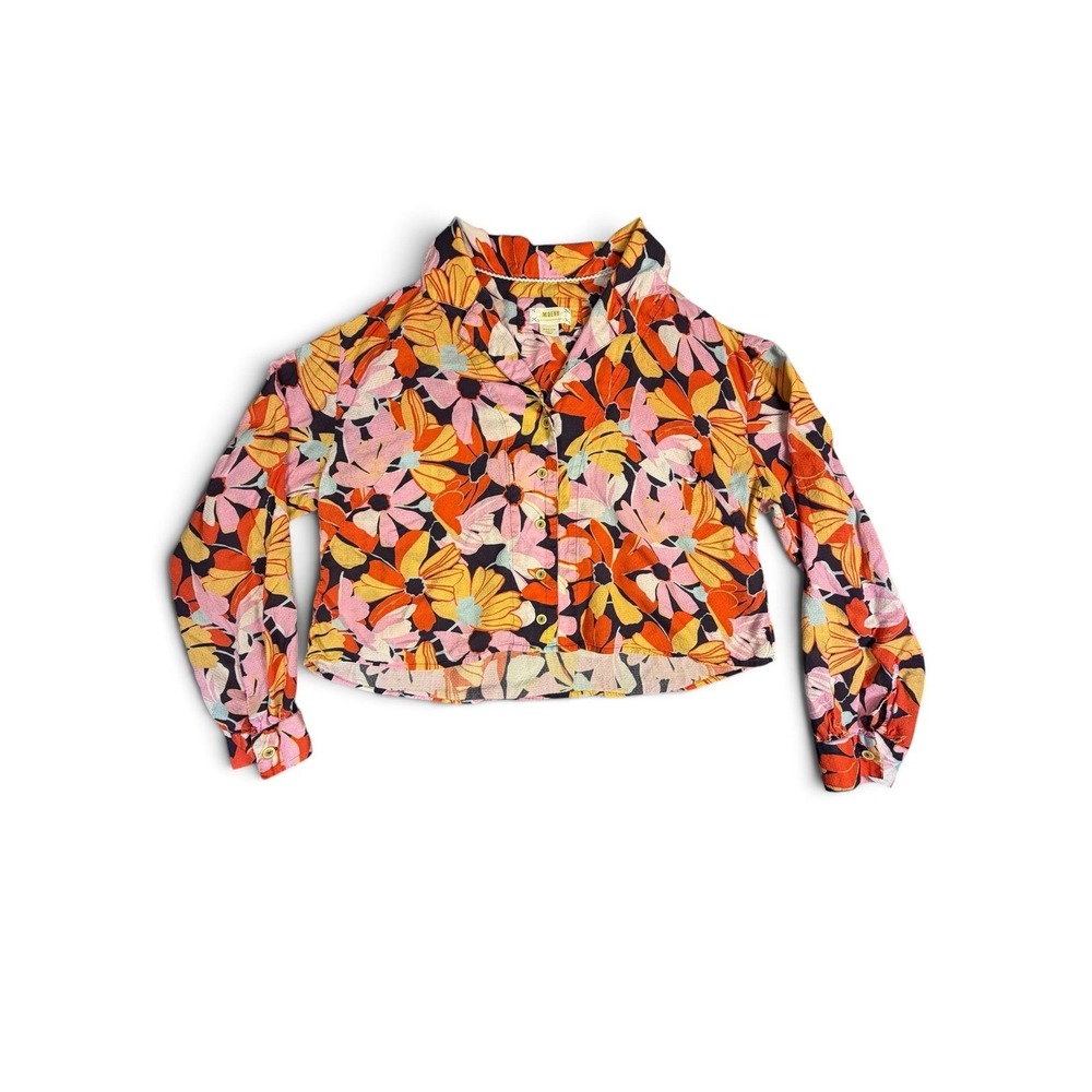 Maeve by Anthropologie Floral Cropped Button Down Top Orange Pink Medium